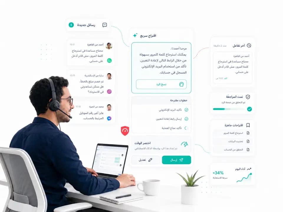 اقتراح سريع من Taloo AI مع خطوات مقترحة ومراجعة صحة الرد قبل الإرسال